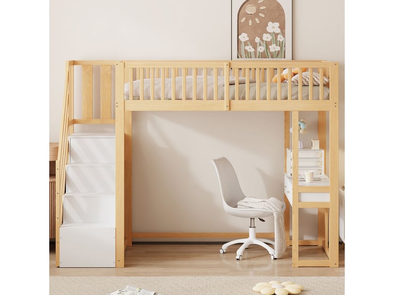 Lit mezzanine 90x200, structure bois massif sécurisée lit mezzanine avec bureau, escalier rangement intégré, gain d'espace - Conforama B