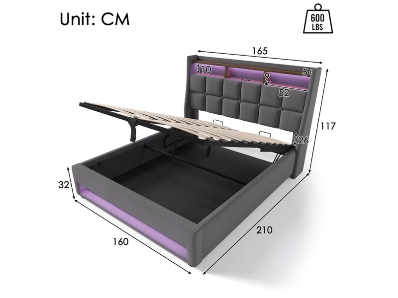  Lit coffre 160x200 cm gris en lin, avec usb, led et rangement sous sommier, pour chambre double  - Conforama C