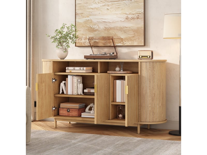 Sideboard 3 portes bois clair 140cm - enfilade moderne en mdf avec lignes verticales et pieds en pin - Conforama E