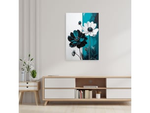 Tableau moderne, fleurs blanches sur fond turquoise dans un style moderne 40x60