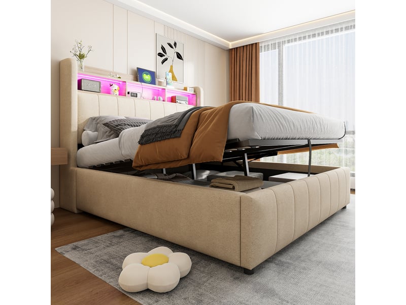  Lit capitonné 140 x 200 cm beige en lin, led multicolore, usb et type-c, coffre hydraulique, sans matelas  - Conforama E