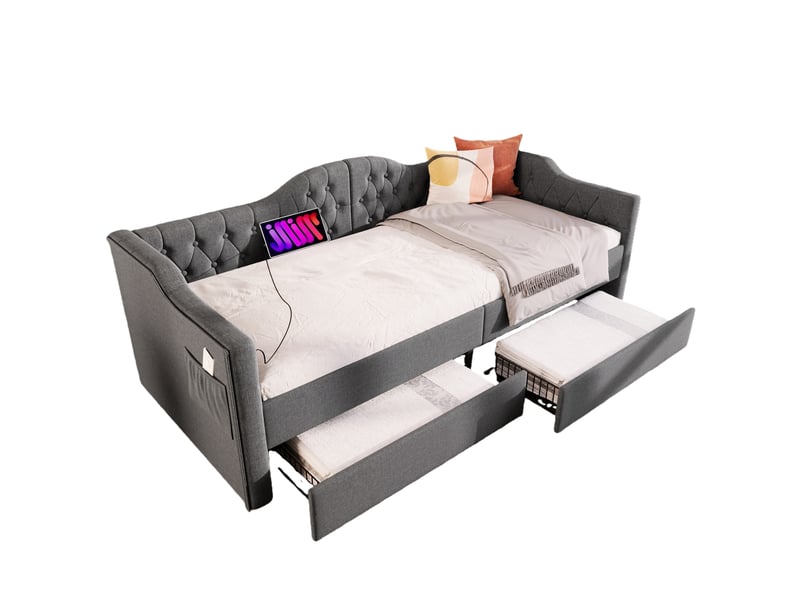  Lit combiné 90 x 190 cm - lit avec 2 tiroirs et ports usb - lin gris - sans matelas  - Conforama A