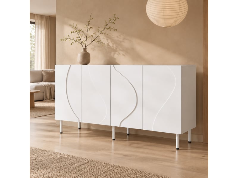  Buffet 4 portes 140x40x77,5 cm à ouverture par pression, blanc  - Conforama D