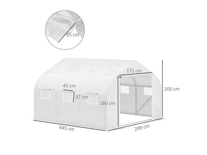  Serre tunnel 445x299x205 cm – blanche – film pe 140 gm² anti-uv, 6 fenêtres enroulables et porte zippée  - Conforama C