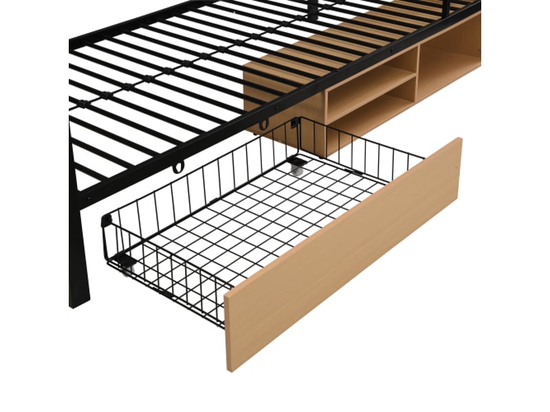 Lit superposé en fer et mdf noir et naturel 90x200 cm, rangements sous le lit, double tablette, rideau haut - Conforama E