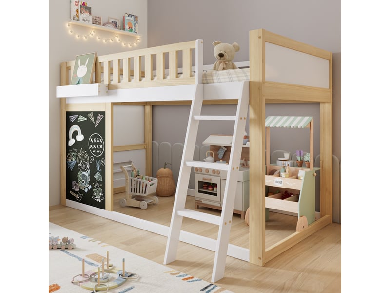  Lit mezzanine 90x200cm, lit enfant surélevé avec ardoise de jeu et bac de rangement, bois de pino massif et mdf gain de place, blanc et naturel  - Conforama B