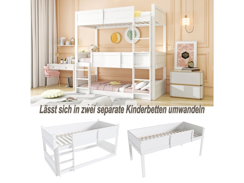 Lit superposé triple 90x200 cm modulable, lit enfant en bois massif blanc avec barrières de sécurité et sommiers à lattes. - Conforama E