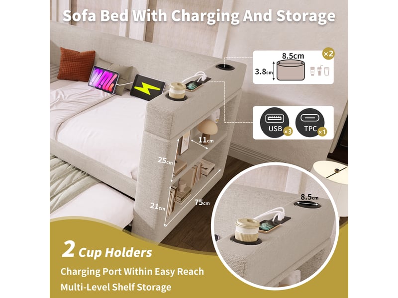 Lit gigogne enfant 90x190 cm, canapé-lit avec usb type-c, porte-gobelet, sommiers, coton lin beige, sans matelas - Conforama R