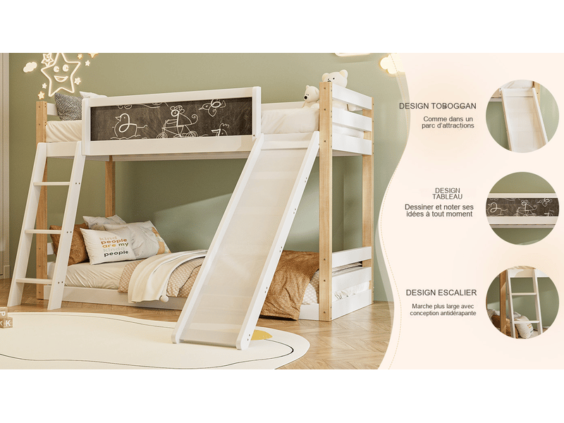  Lit superposé enfant en bois blanc 90x190200 cm avec toboggan, échelle et tableau, 204 x 210 x 127,5 cm  - Conforama D