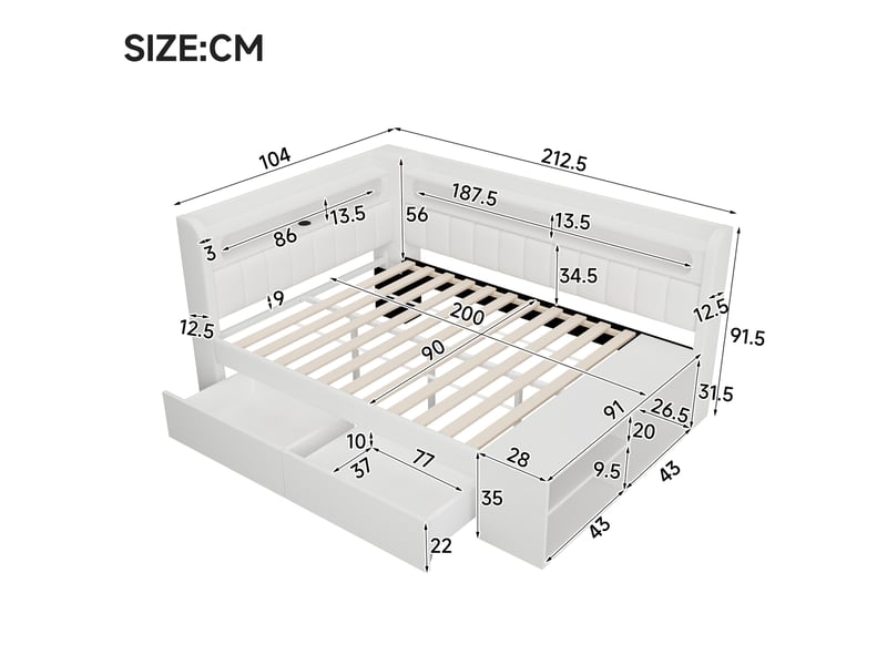 Lit avec rangement 90x200 cm blanc avec led, usb, 2 tiroirs et meuble à chaussures - Conforama C