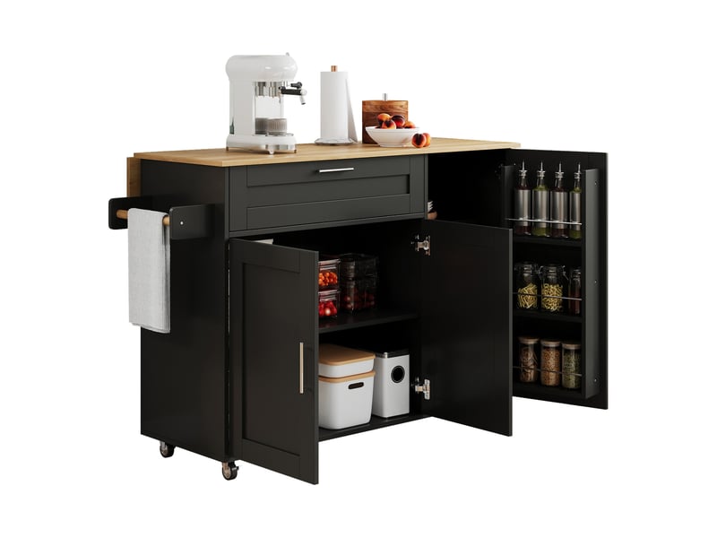 Desserte de cuisine 132,5 x 44 x 90 cm noire et naturelle en mdf, plan de travail rabattable et mobile - Conforama E