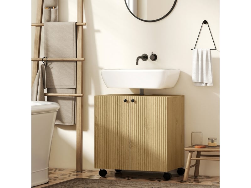 Meuble sous vasque 2 portes, étagère réglable et roulettes verrouillables, salle de bain, bois naturel 71.5×46.5×15.5 cm - Conforama C