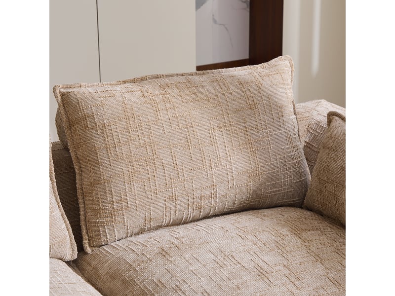  Canapé 3 places en chenille kaki avec pouf, coussins et porte-gobelets, 256x161x75 cm  - Conforama E