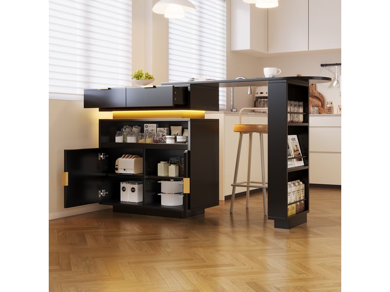  Ilot central cuisine extensible avec rangement, table de bar pivotante à 360° avec éclairage led, meuble de cuisine en bois mdf, noir  - Conforama D