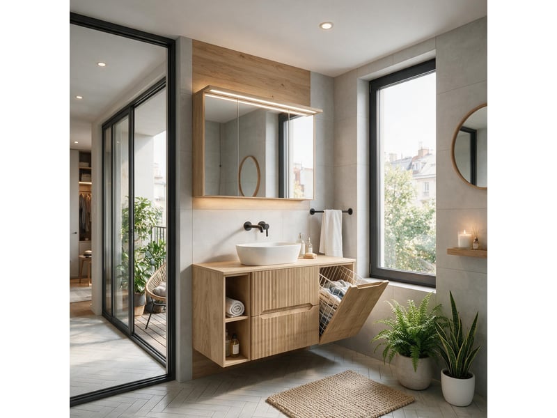 Ensemble salle de bain avec étagère novo l.140 cm effet chêne hikora - Conforama B