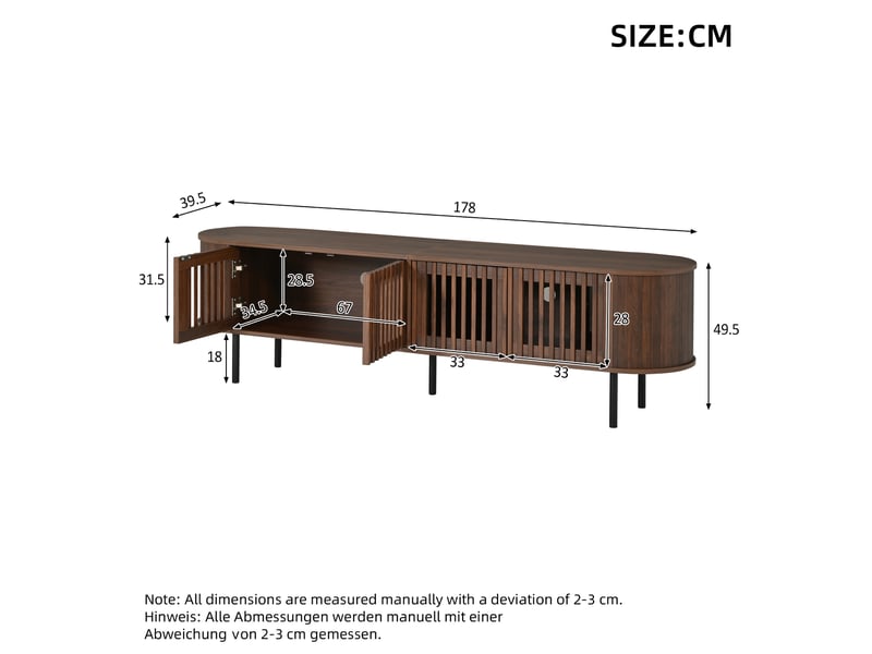  Meuble tv 178x39,5x49,5 cm avec 4 portes battantes, meuble bas jusqu’à 75 pouces avec façade ajourée et porte roulante incurvée, effet noyer OPULERANE TRADING LTD - Conforama C