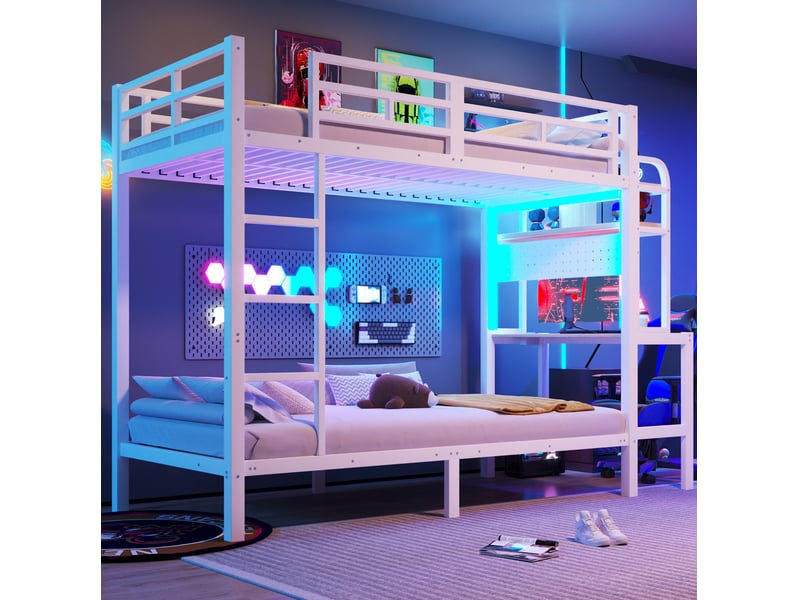  Lit superposé enfant 90 x 200 cm en métal et mdf, avec bureau, rangements, éclairage led et port usb, blanc  - Conforama C