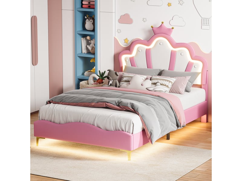  Lit 140x190cm - lit enfant 140x190 - lit double rembourré avec tête de lit couronne, led rgb - moderne - en similicuir pu - rose  - Conforama C