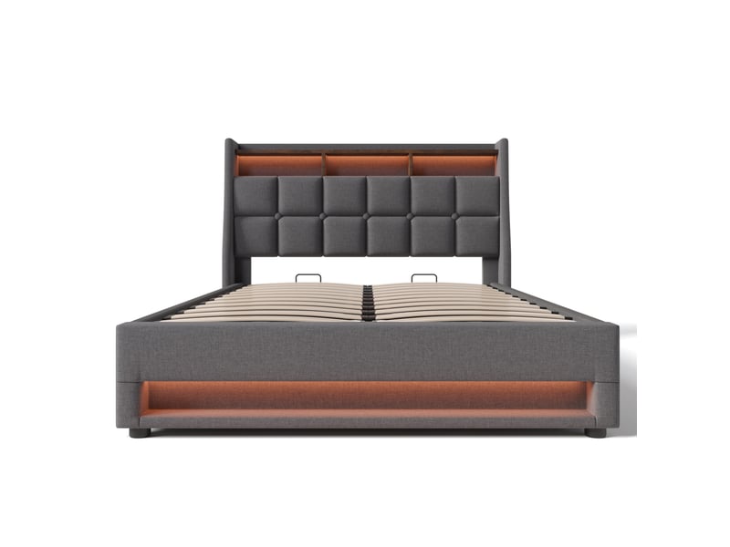 Lit coffre 160x200 cm gris en lin, avec usb, led et rangement sous sommier, pour chambre double - Conforama D