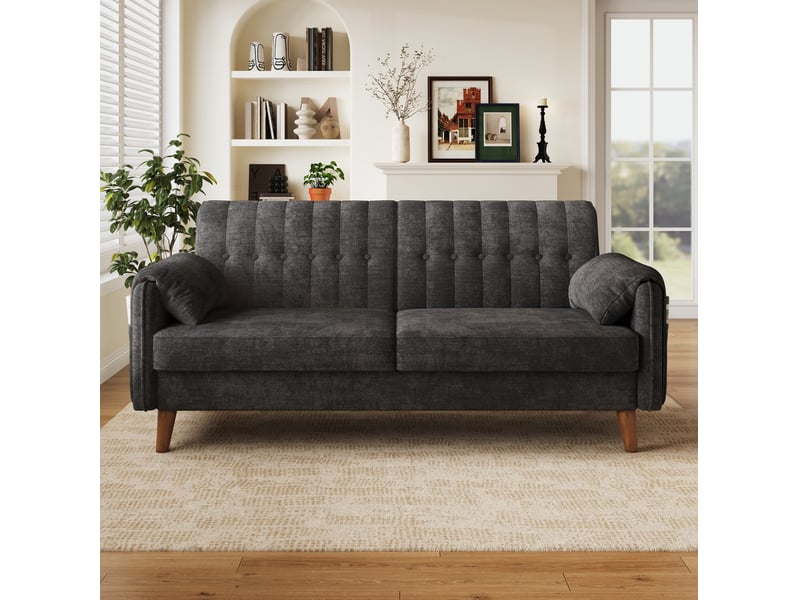  Canapé 2 places moderne en chenille gris foncé, accoudoirs et poches latérales, bois massif  - Conforama C