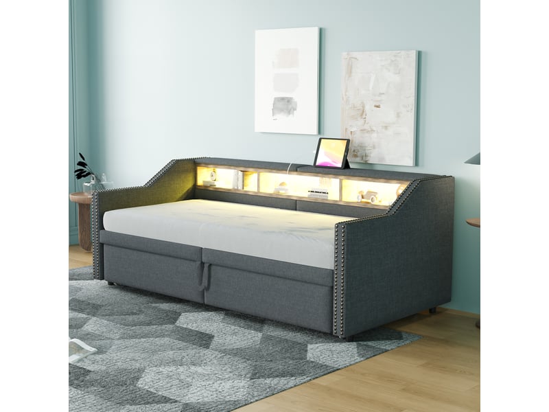  Lit banquette 1 place 90×200 cm et 180×200 cm, led et usb - okmyhome- 3 étagères, 2 matelas inclus  - Conforama C