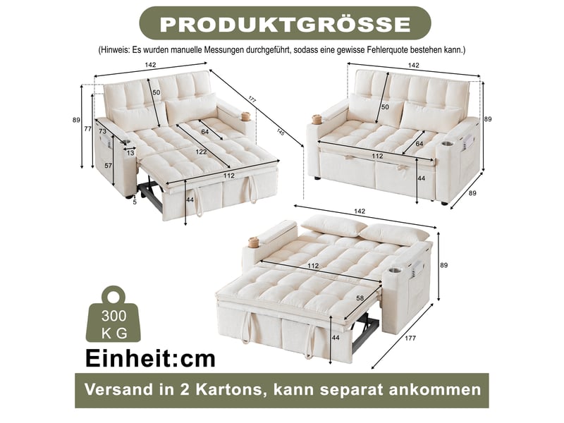  Canapé convertible 2 places 3 en 1 142x89x89 cm avec effet nuage, rangements accoudoirs, porte-gobelets, 2 coussins lombaires, chenille beige  - Conforama D