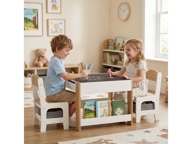 Ensemble table et chaises 3 en 1 pour enfants avec tableau noir, tiroirs en tissu et espace de rangement, blanc et naturel  - Conforama C