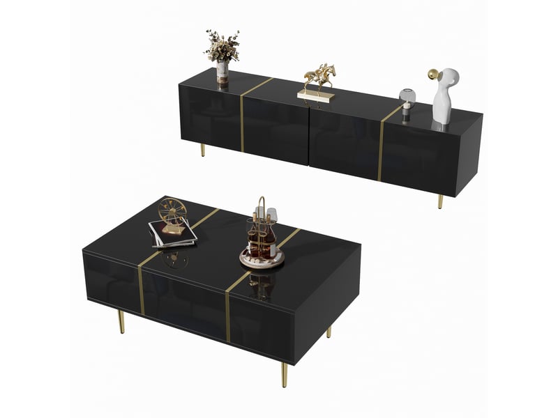  Meuble tv noir brillant avec coffres et table basse assortie  - Conforama R