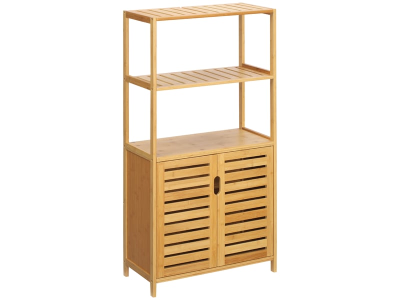  Meuble de salle de bain avec 2 étagères ouvertes et un placard en bambou à 2 portes, 60 x 30 x 120 cm  - Conforama B