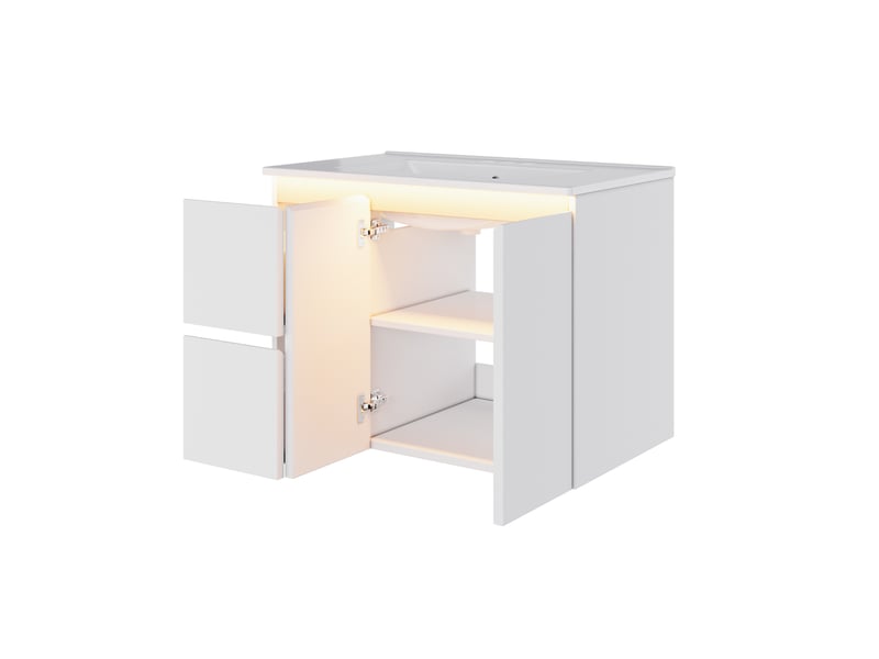  Meuble sous-vasque suspendu avec vasque led 2 tiroirs 2 portes blanc 76x47x57 cm  - Conforama B