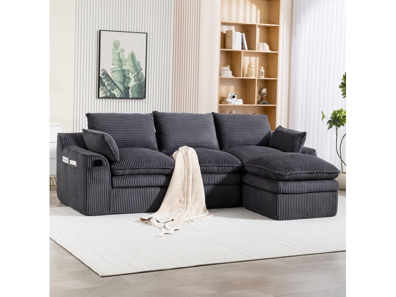 Canapé modulable 3 pl 263x167x85 cm, pouf, coussins, poches de rangement latérales, adapté au salon, chambre, velours côtelé, gris foncé - Conforama D