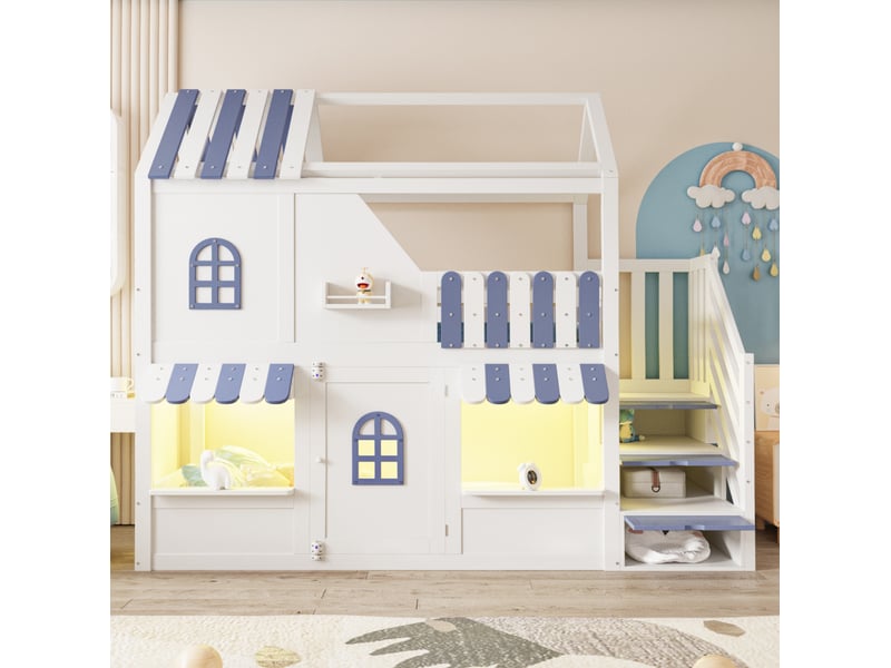  Lit superposé enfant 90x200 cm cabane avec escalier de rangement led blanc et bleu  - Conforama D