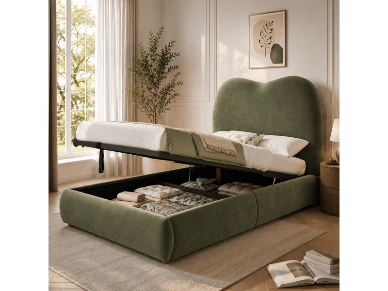 Lit enfant rembourré 90x200 cm avec coffre hydraulique, tête de lit épaisse 11 cm, sommier à lattes, angles arrondis, velours vert, charge 150 kg - Conforama B