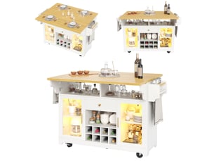 Îlot de cuisine sur roulettes avec led rgb, plateau rabattable des deux côtés, range-bouteilles et tablettes réglables, bar mobile - blanc