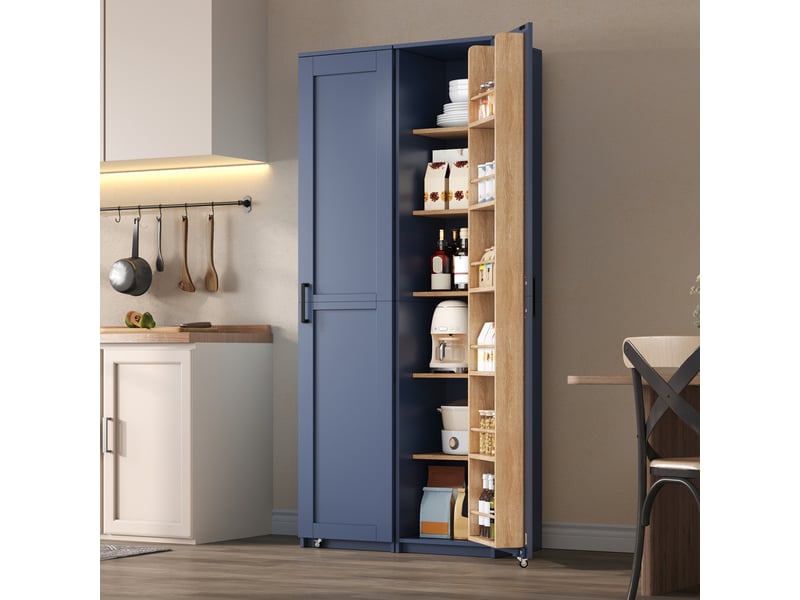 Armoire de cuisine haute bleue, meuble de rangement étroit 40x40 cm avec étagères réglables, hauteur 183 cm pour salon et salle de bain. - Conforama R