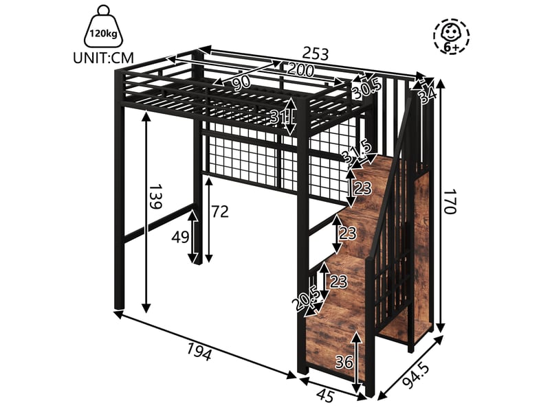  Lit mezzanine 90 x 200 cm, lit enfant surélevé, placard intégré, éclairage led, échelle, barrières de sécurité, métal, noir Morn Vibe - Conforama C