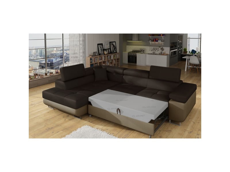 Canapé d'angle convertible menton beige et marron bouclette – angle gauche avec coffre - Conforama D