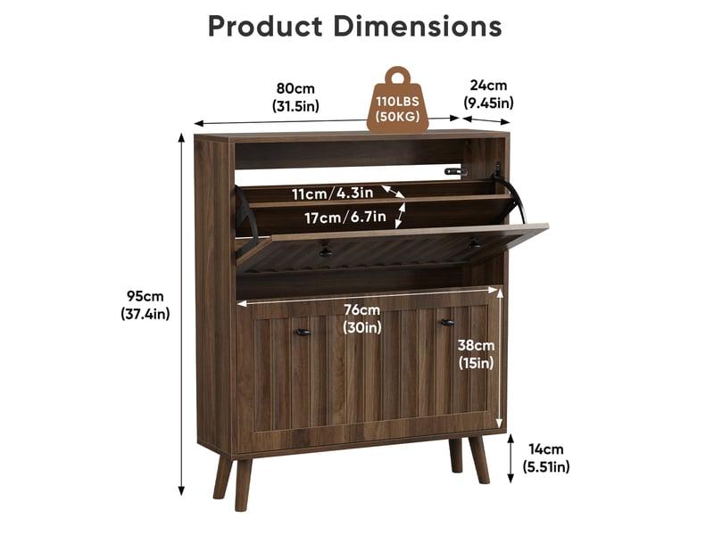  Meuble à chaussures en bois foncé 80 cm, 2 compartiments abattants et niche ouverte pour votre entrée  - Conforama C