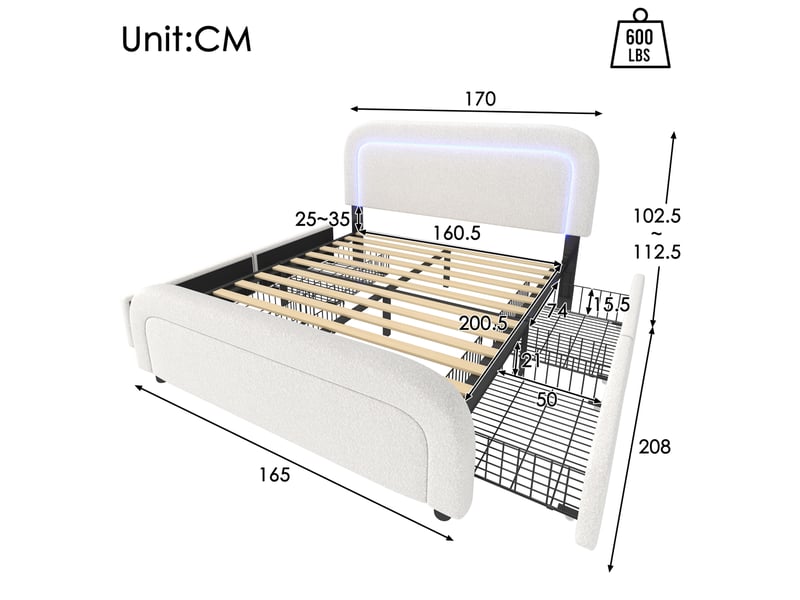  Lit 2 places 160x200 cm – blanc – led, charge usbtype-c, 4 tiroirs, tête de lit réglable, avec matelas  - Conforama C