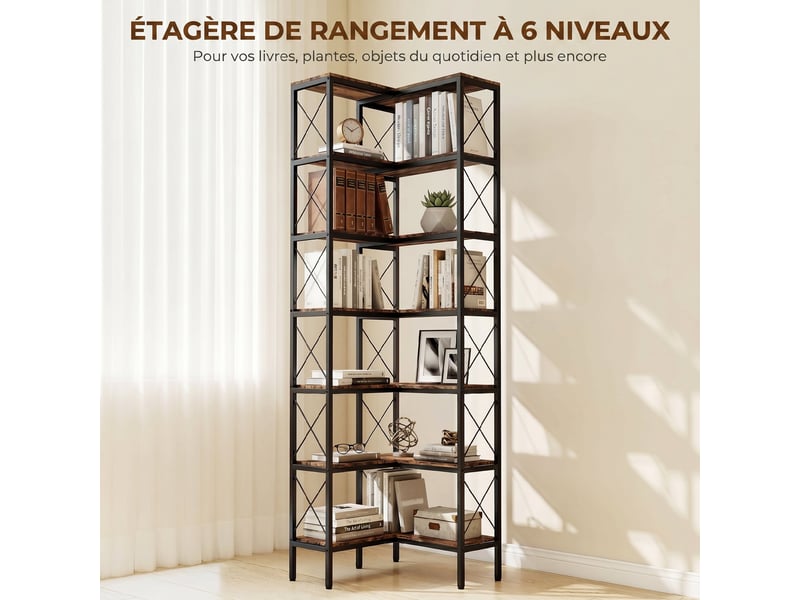  Bibliothèque d'angle à 6 niveaux, meuble de rangement en métal pour salon, chambre, bureau, 60x60x200cm, brun rustique  - Conforama E