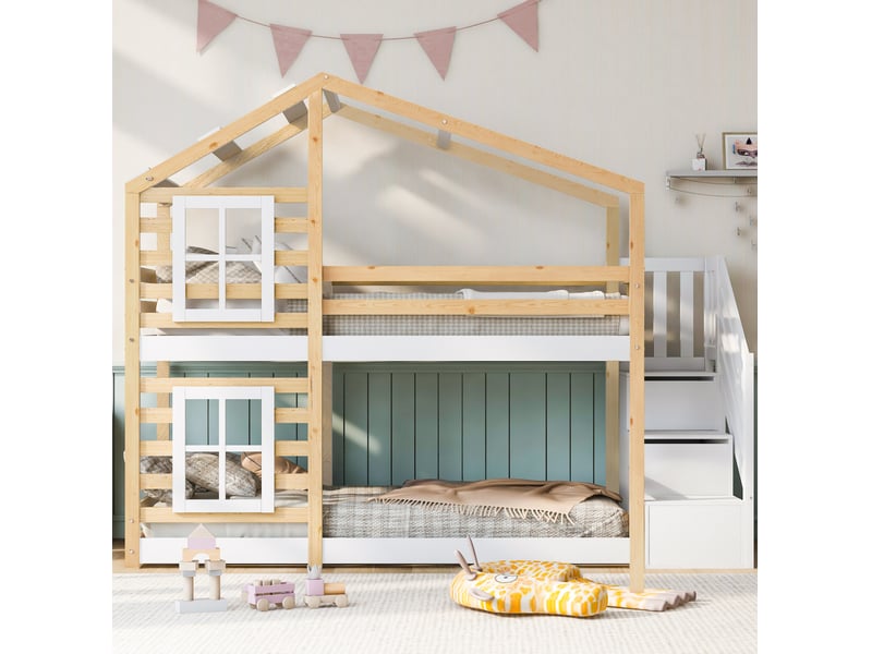 Lit superposé enfant 90x200 cm – naturel et blanc – escalier-rangement, 2 sommiers à lattes - sans matelas - Conforama B