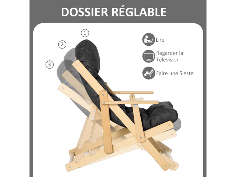  Fauteuil relax pliable et inclinable en bois massif et tissu 71x89x96 cm  - Conforama D