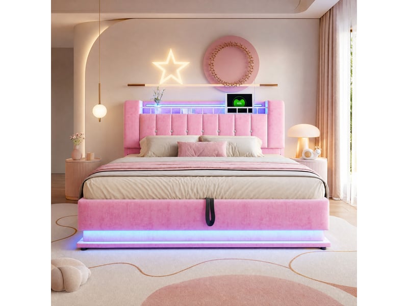  Lit coffre double 180×200 cm avec led, usb et rangement - okmyhome- tête de lit en velours rose, sans matelas  - Conforama C