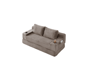 Canapé 2 places, avec couchage d'appoint, avec porte-gobelets, avec coussins, en velours côtelé, coloris marron, l180 x p85 x h62 cm