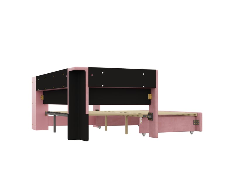 Lit gigogne extensible 90/180x200 cm avec bureau, led 7 couleurs, ports usb, tissu lin rose, sans matelas - Conforama E