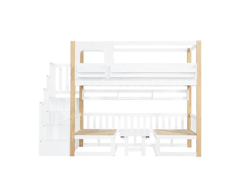  Lit superposé, lit enfant, table multifonctionnelle réglable en hauteur avec petite étagère latérale, escalier de rangement robuste, pin + mdf + contreplaqué, blanc + naturel, 90 x 200 cm  - Conforama E