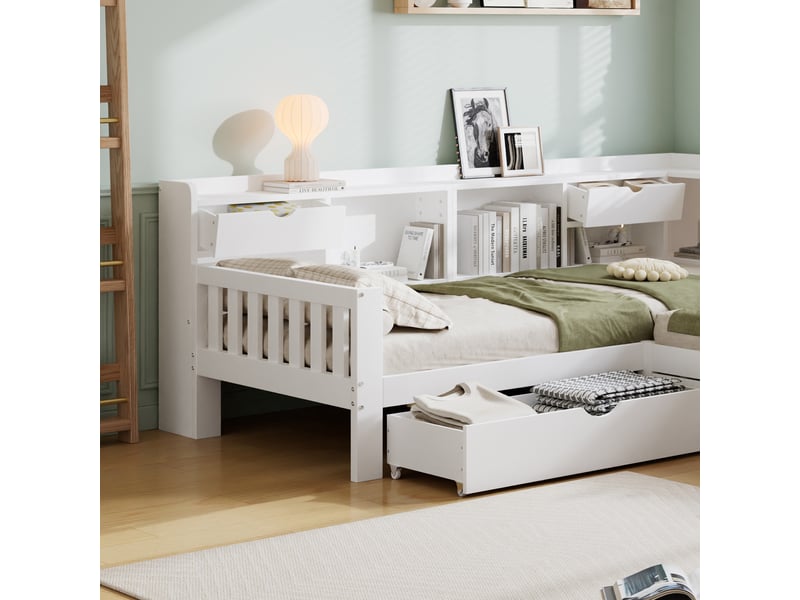  Lit enfant en l en bois et mdf blanc avec 2 lits de 90 x 200 cm, 3 grands tiroirs et étagères intégrées pour jouets et livres sans matelas  - Conforama W