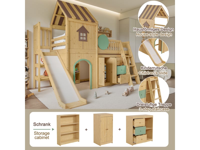  Lit mezzanine enfant 1 place 90×200 cm, toboggan et rangements - okmyhome- sans matelas, pin et mdf vert naturel  - Conforama E