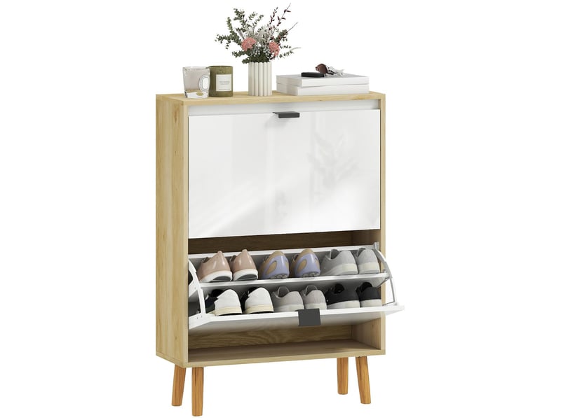  Meuble à chaussures 2 tiroirs rabattables mdf blanc et coloris chêne 60 x 24 x 91 cm  - Conforama A