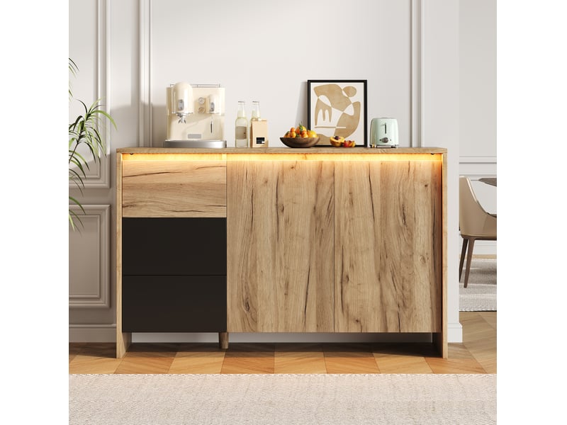  Buffet avec éclairage led 105x40x76 cm, 2 portes, 3 tiroirs, meuble de cuisine, idéal pour salon et salle à manger, aggloméré, noir+naturel  - Conforama D
